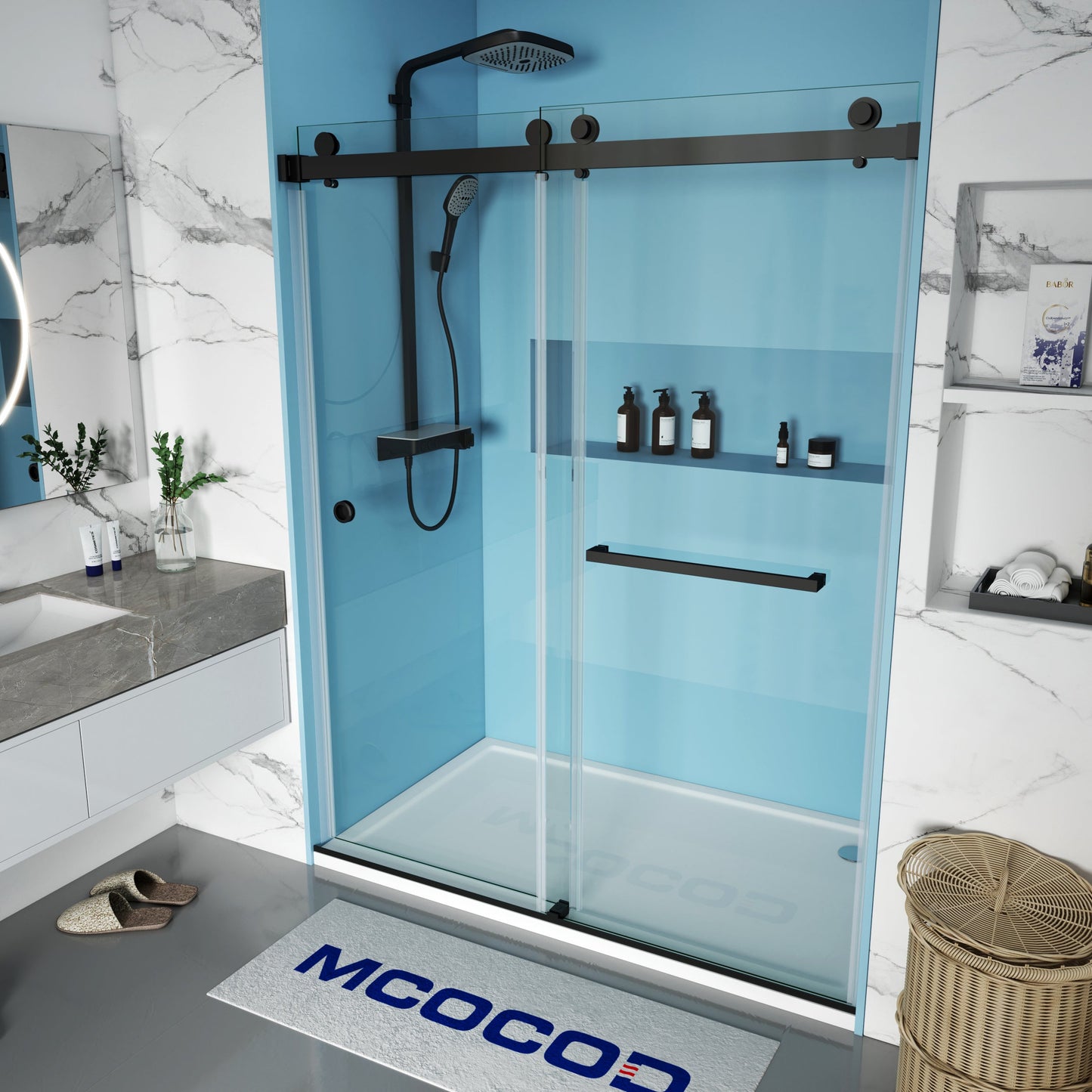 MCOCOD DS01H Double Sliding Frameless Shower Door - One Finger Pull in Matte Black