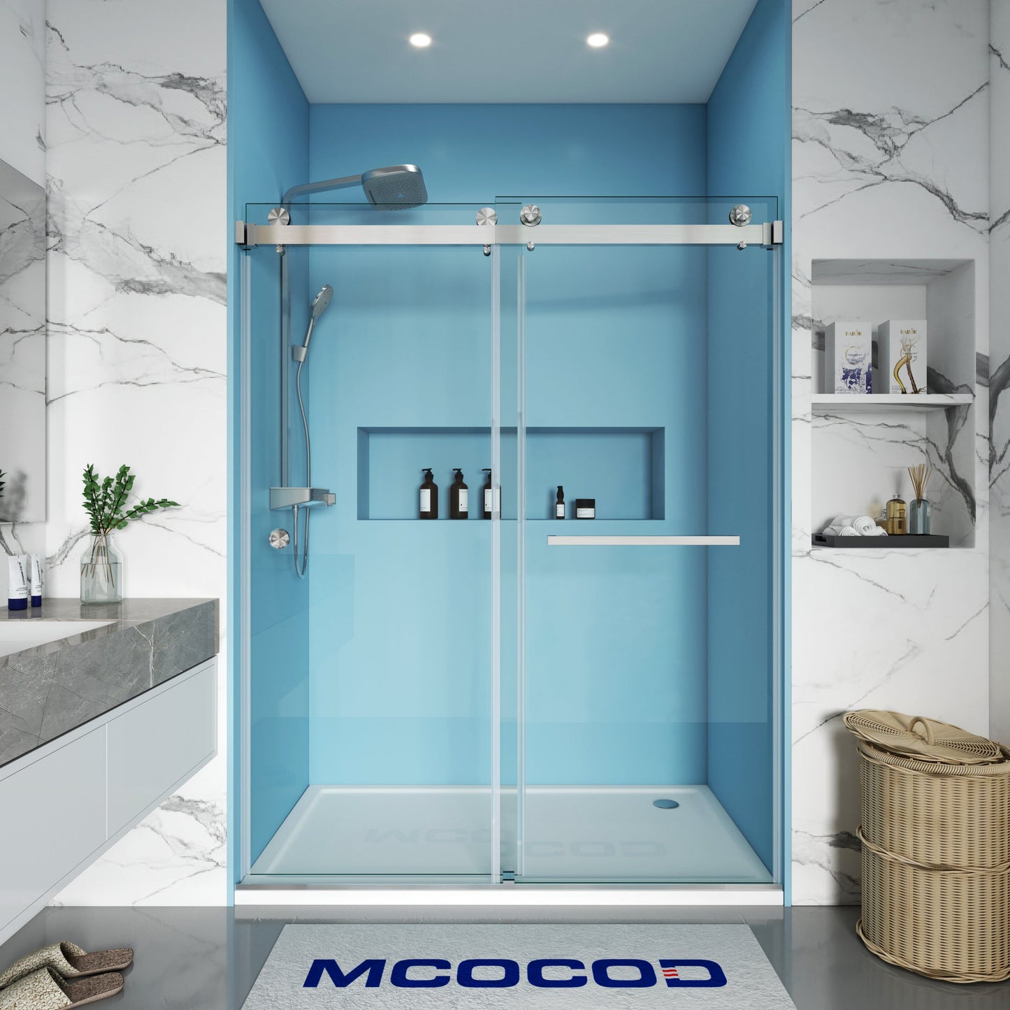 MCOCOD DS01H Double Sliding Frameless Shower Door with One Finger Pull in Brushed Nickel
