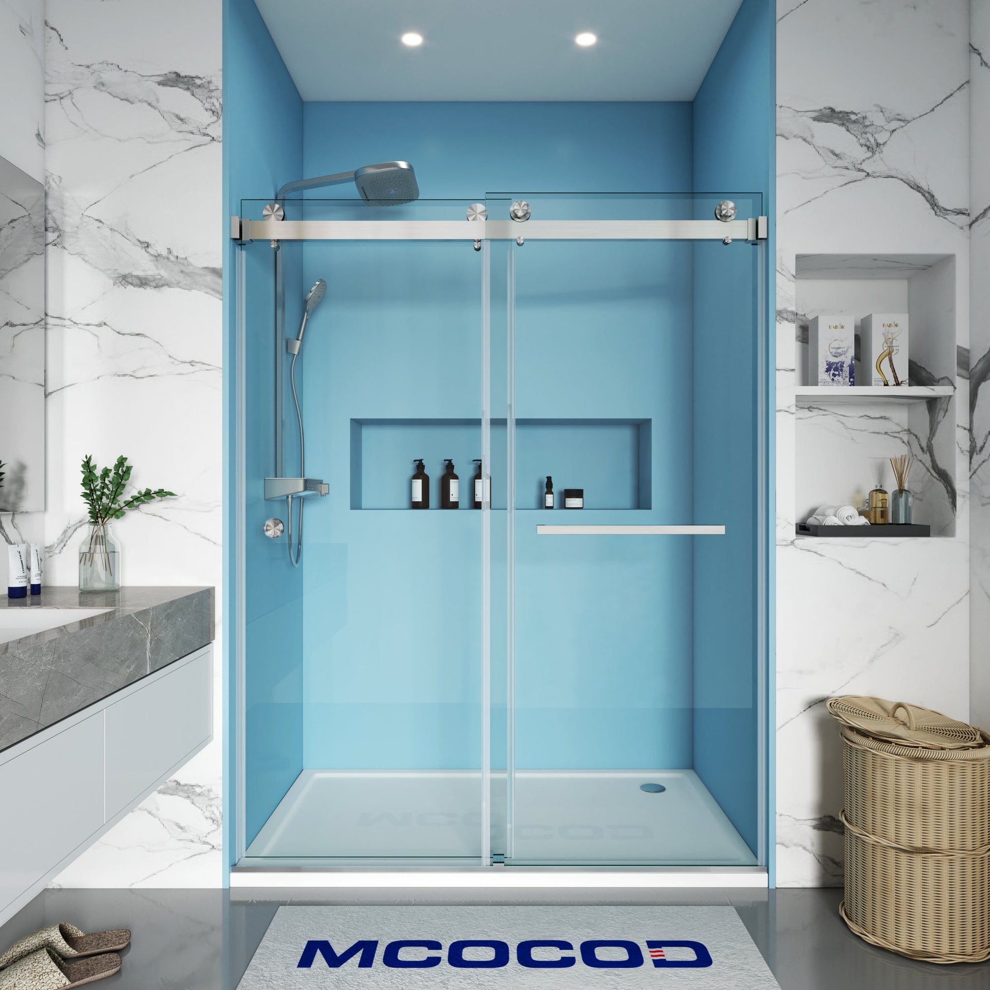 MCOCOD DS01H Double Sliding Frameless Shower Door with One Finger Pull in Brushed Nickel