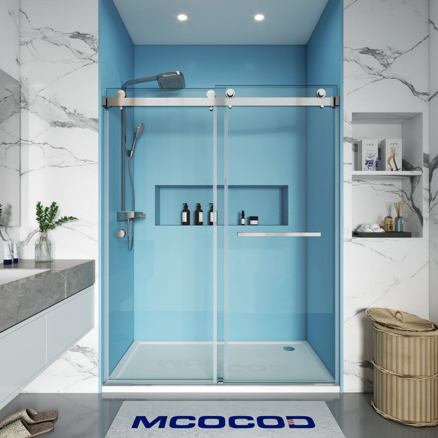 MCOCOD DS01H Double Sliding Frameless Shower Door with One Finger Pull in Chrome