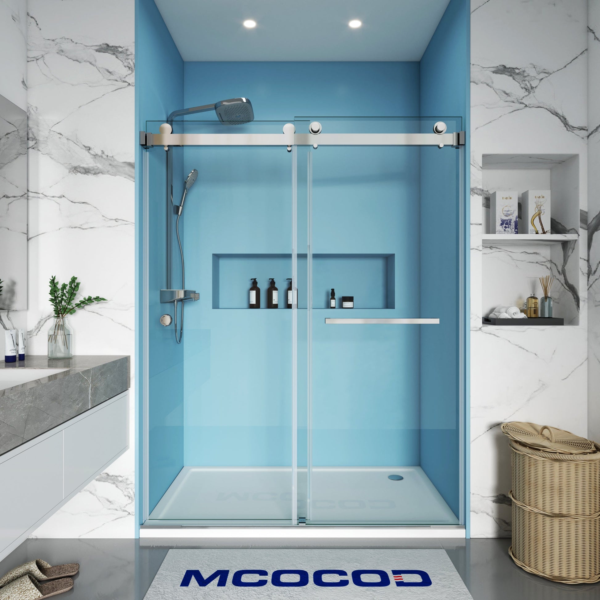 MCOCOD DS01H Double Sliding Frameless Shower Door with One Finger Pull in Chrome