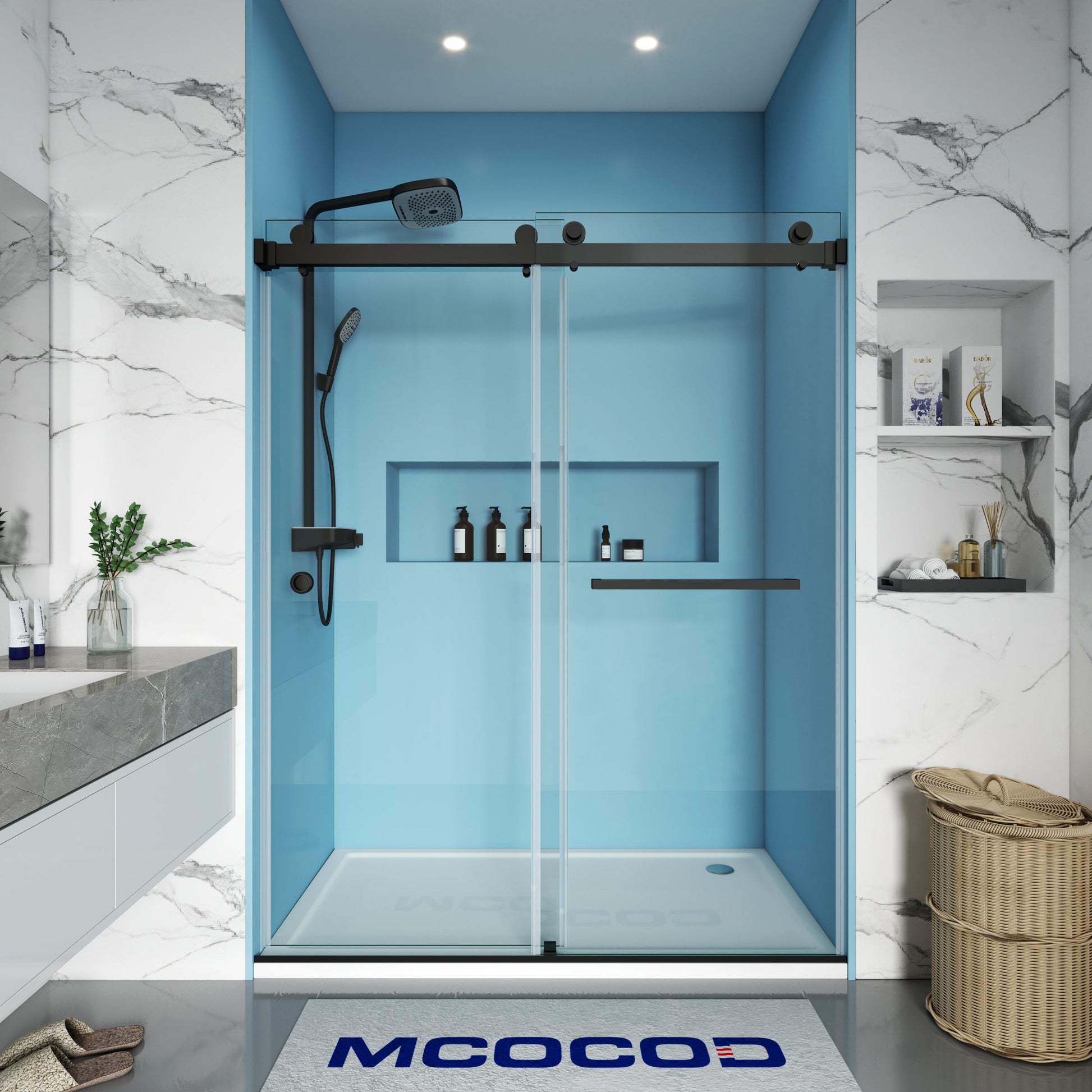 MCOCOD DS01H Double Sliding Frameless Shower Door with One Finger Pull in Matte Black