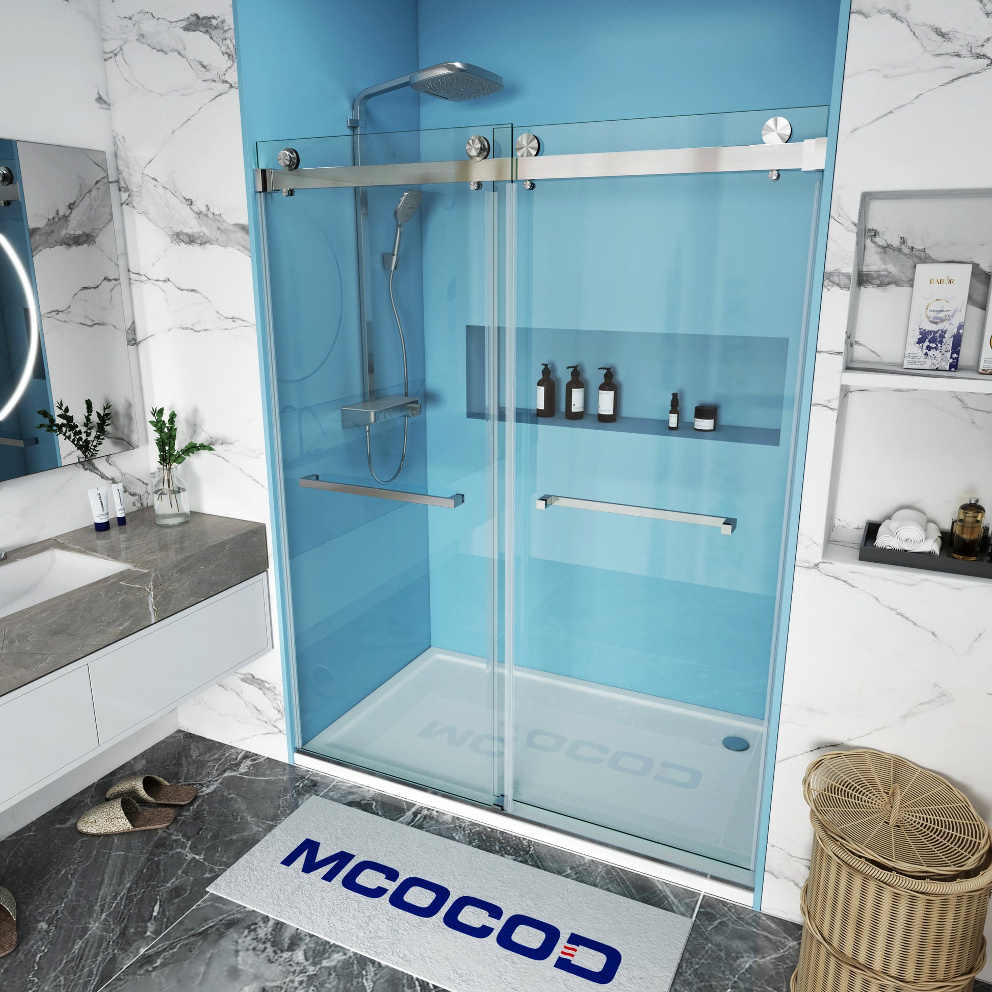 MCOCOD DS01 Double Sliding Glass Shower Door with Two Towel Bars with Chrome