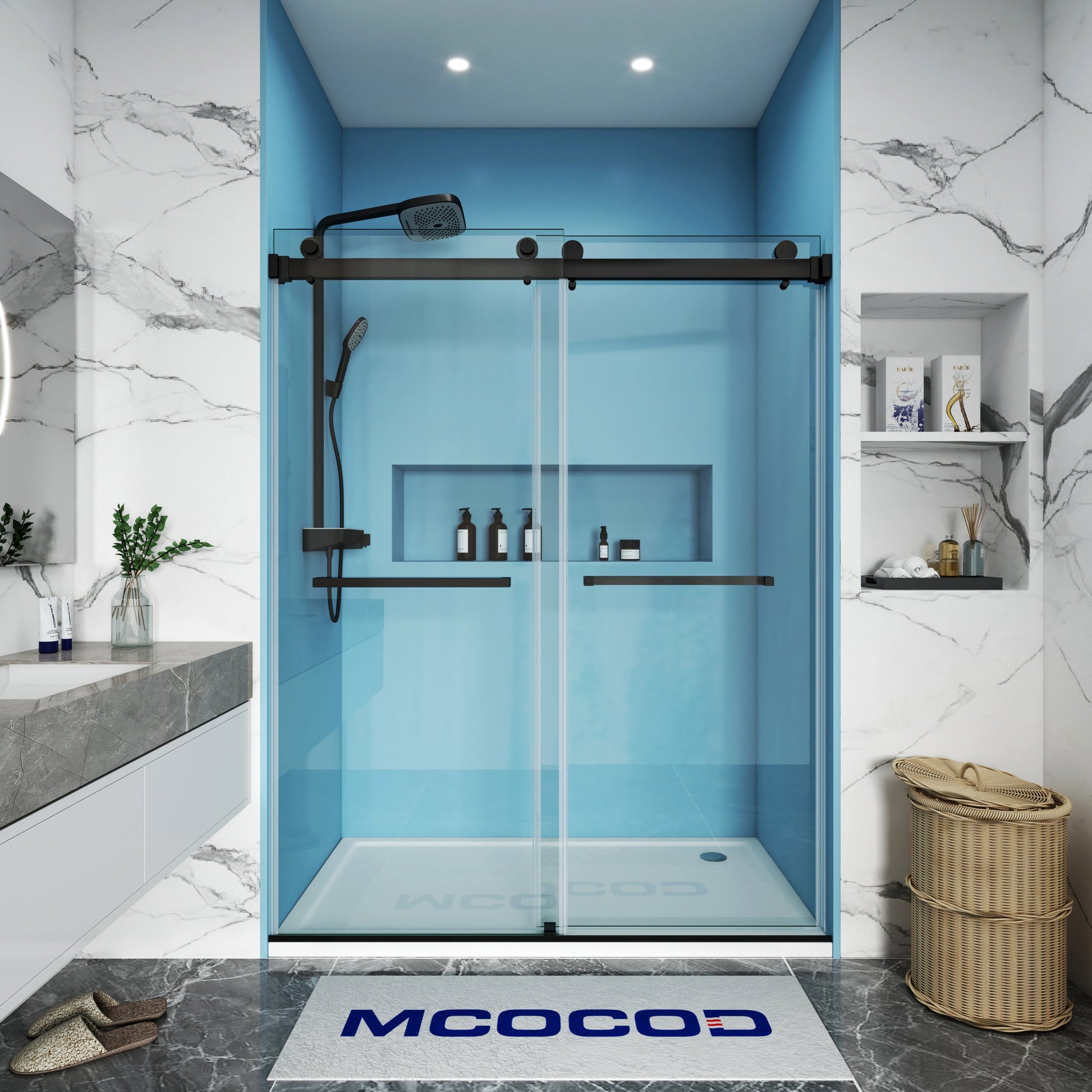 MCOCOD DS01 Double Sliding Glass Shower Door with Two Towel Bars with Matte Black