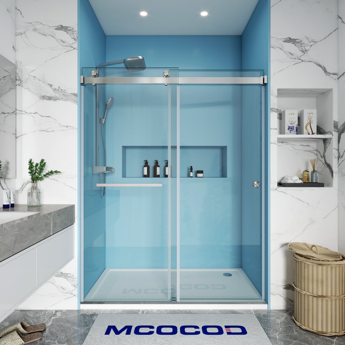 MCOCOD DS02A Double Sliding Frameless Shower Door in Brushed Nickel
