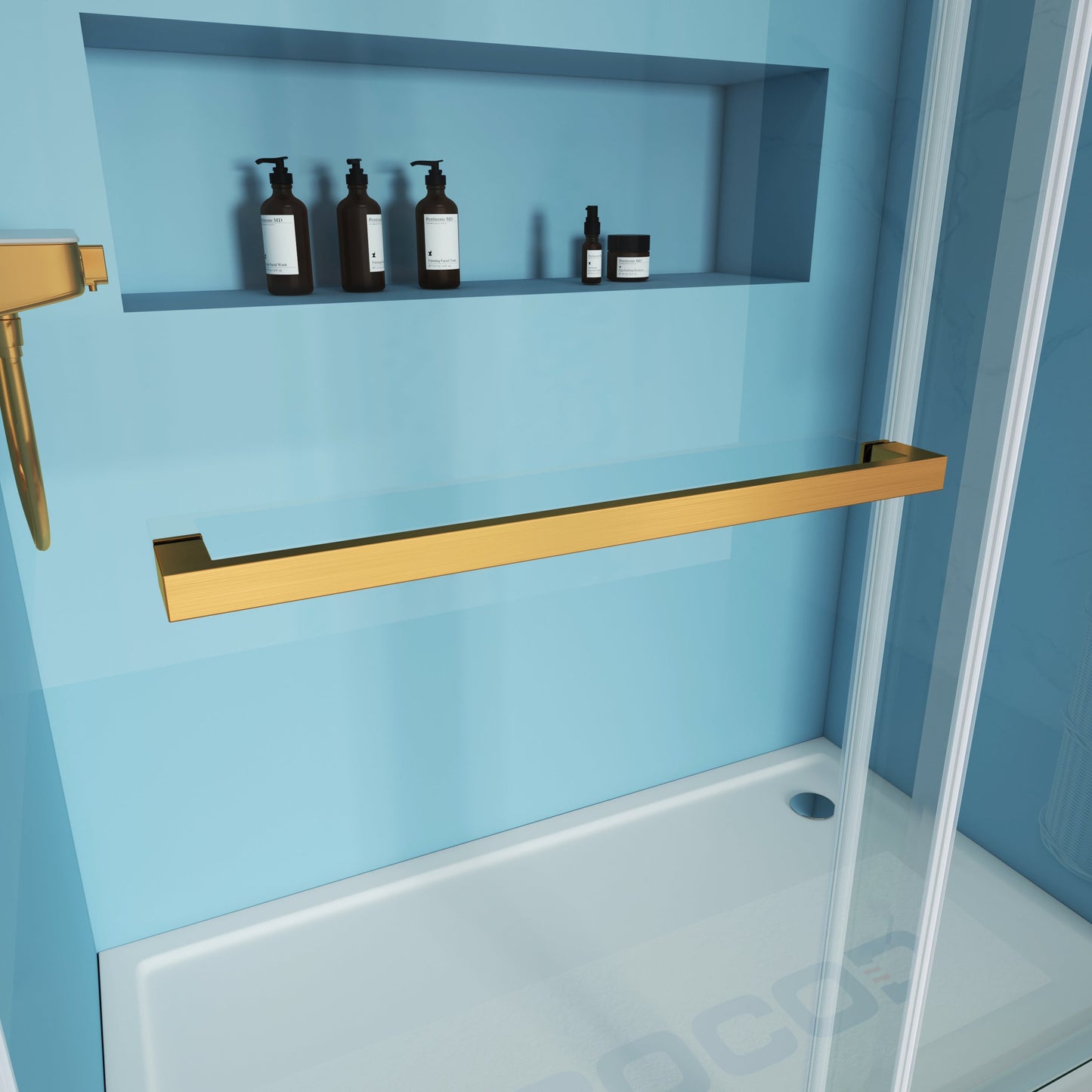 MCOCOD DS02A Double Sliding Frameless Shower Door with Brushed Gold Tower Bars