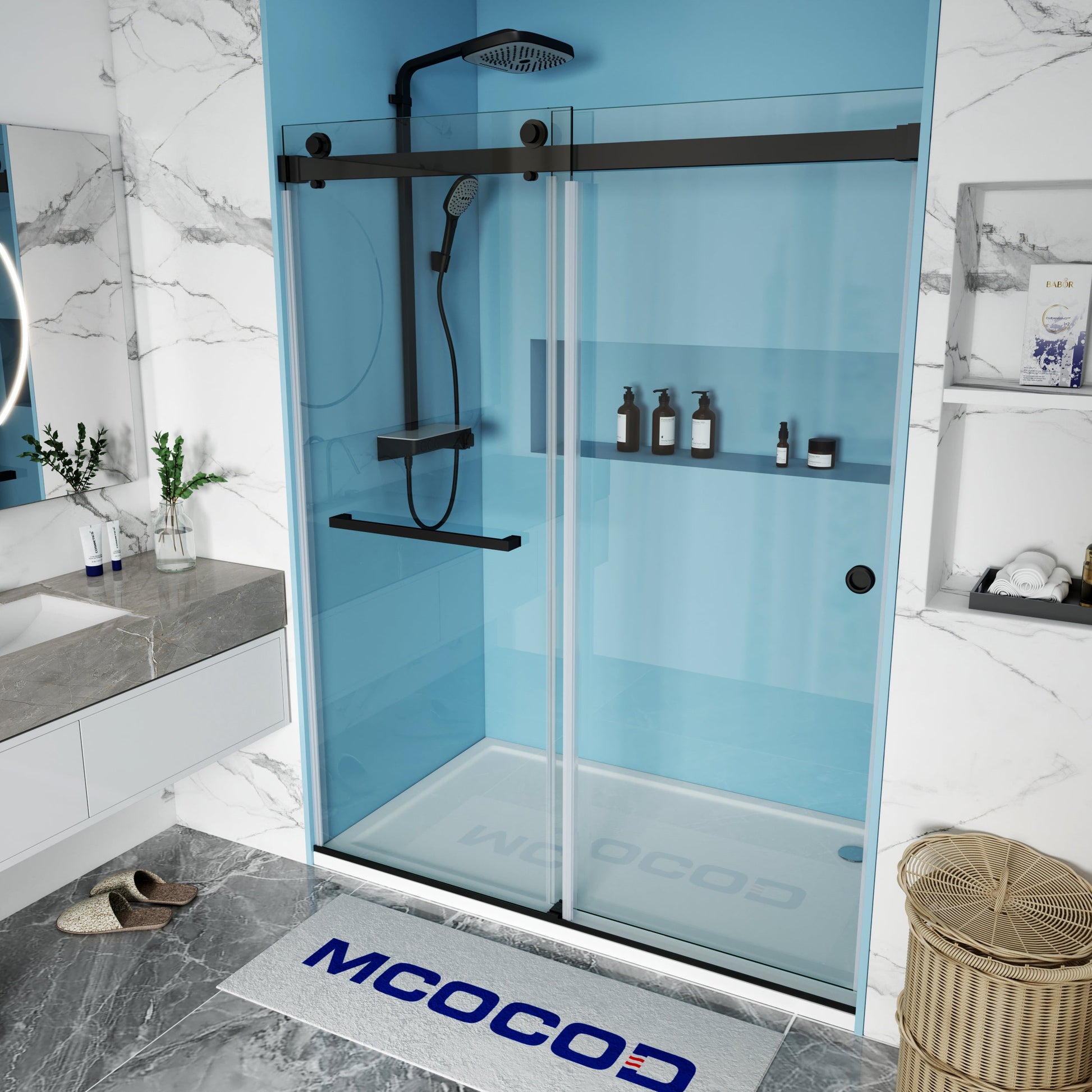MCOCOD DS02A Double Sliding Frameless Shower Door with Tower Bars Finger Pull in Matte Black