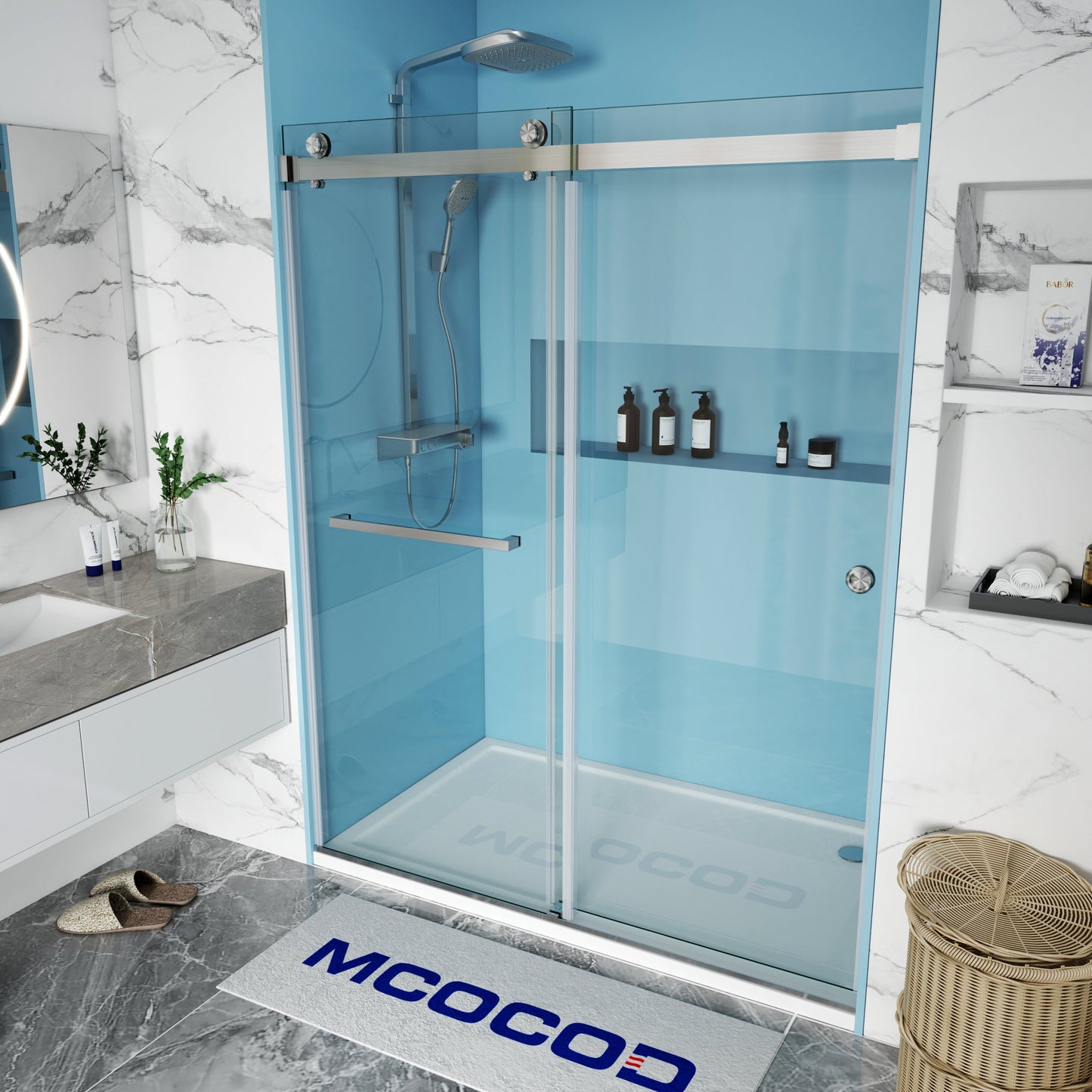 MCOCOD DS02A Double Sliding Frameless Shower Door with Tower Bars in Brushed Nickel