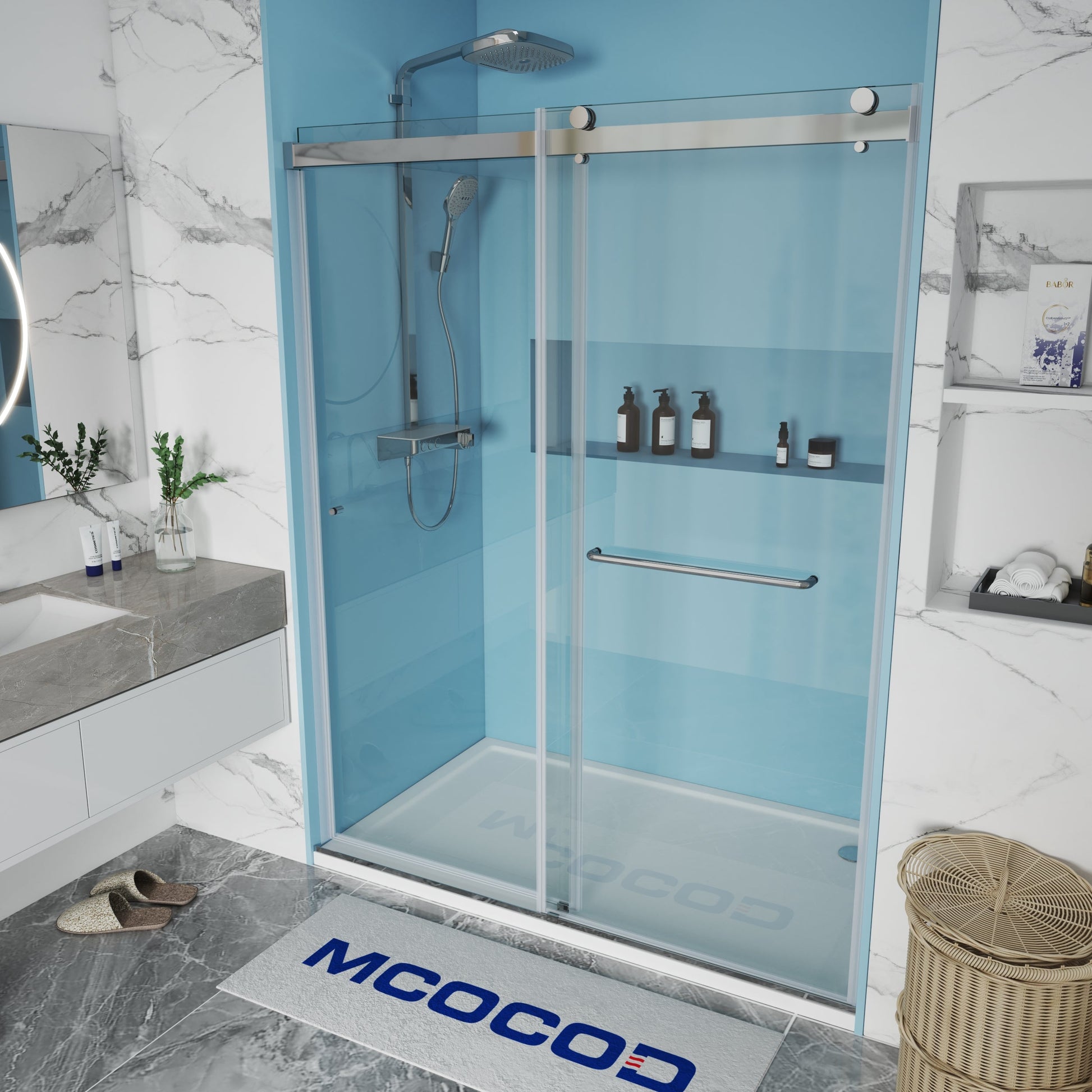 MCOCOD DS03 Double Sliding Frameless Shower Door with Tower Bars Aluminum Guide Rail
