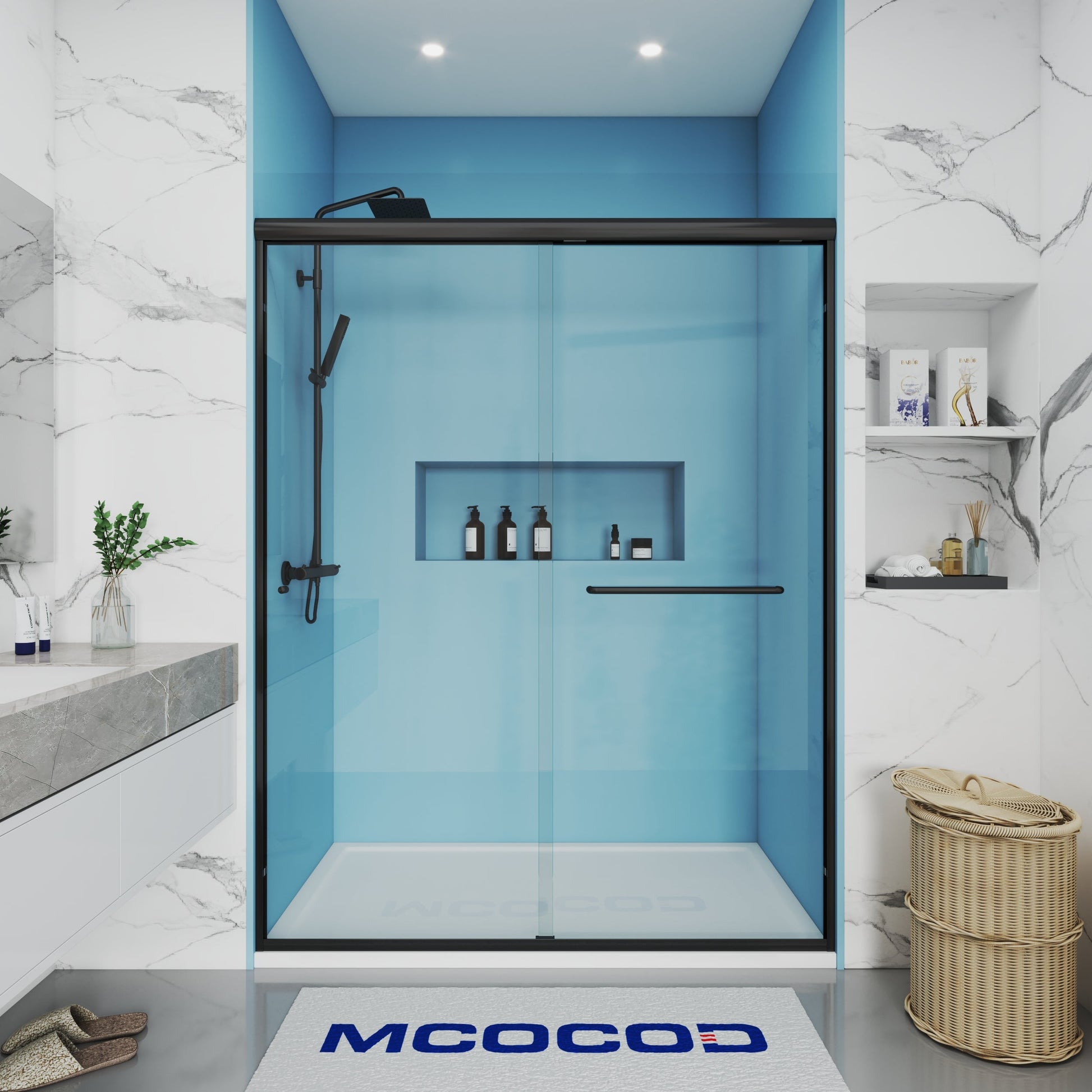 MCOCOD DS06S Double Sliding Framed Glass Shower Door in Matte Black