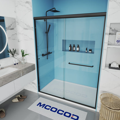 MCOCOD DS06S Double Sliding Framed Glass Shower Door with Black Tower Bars
