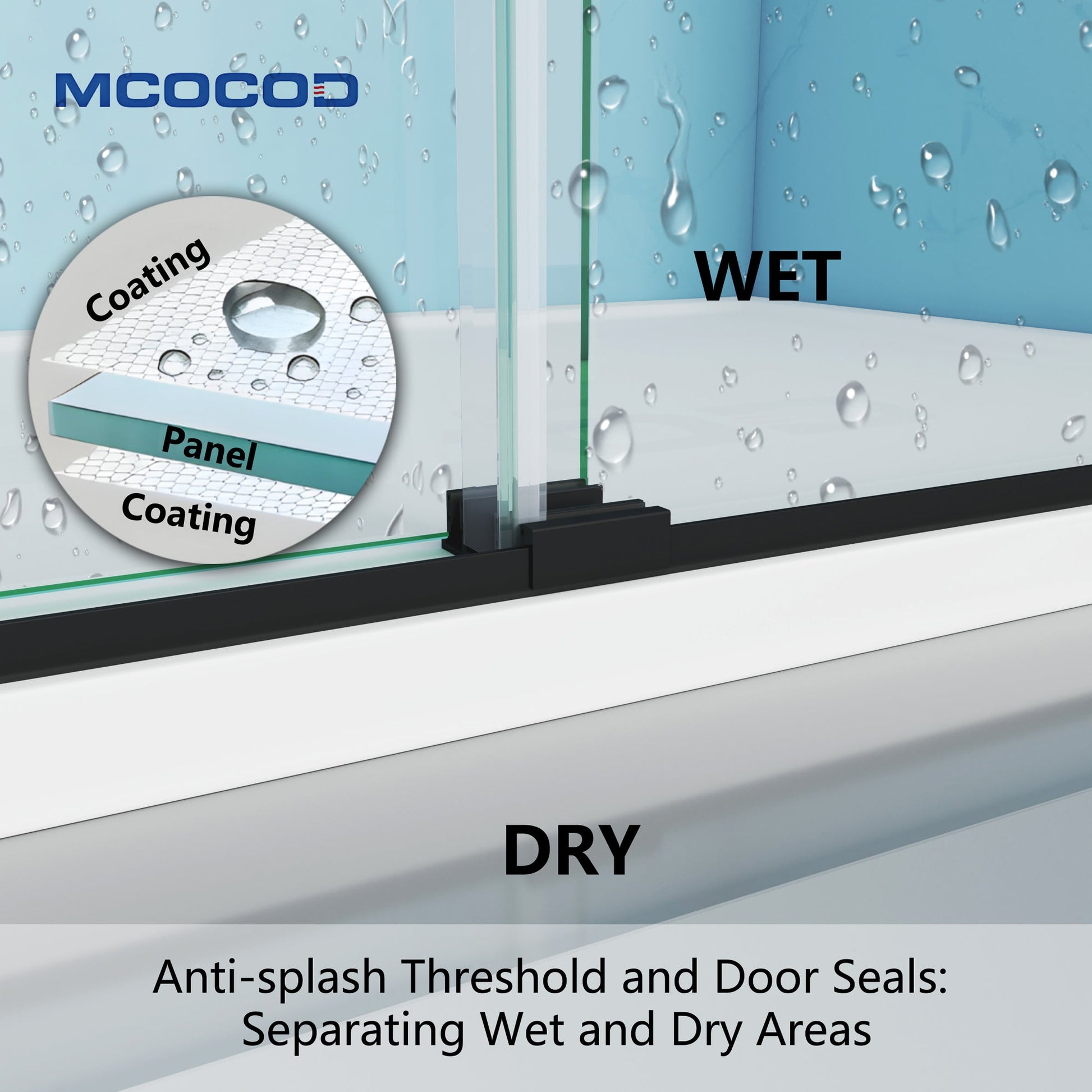 MCOCOD DS10 Double Sliding Semi-frameless Shower Door with Anti-splash Threshold and Door Seals