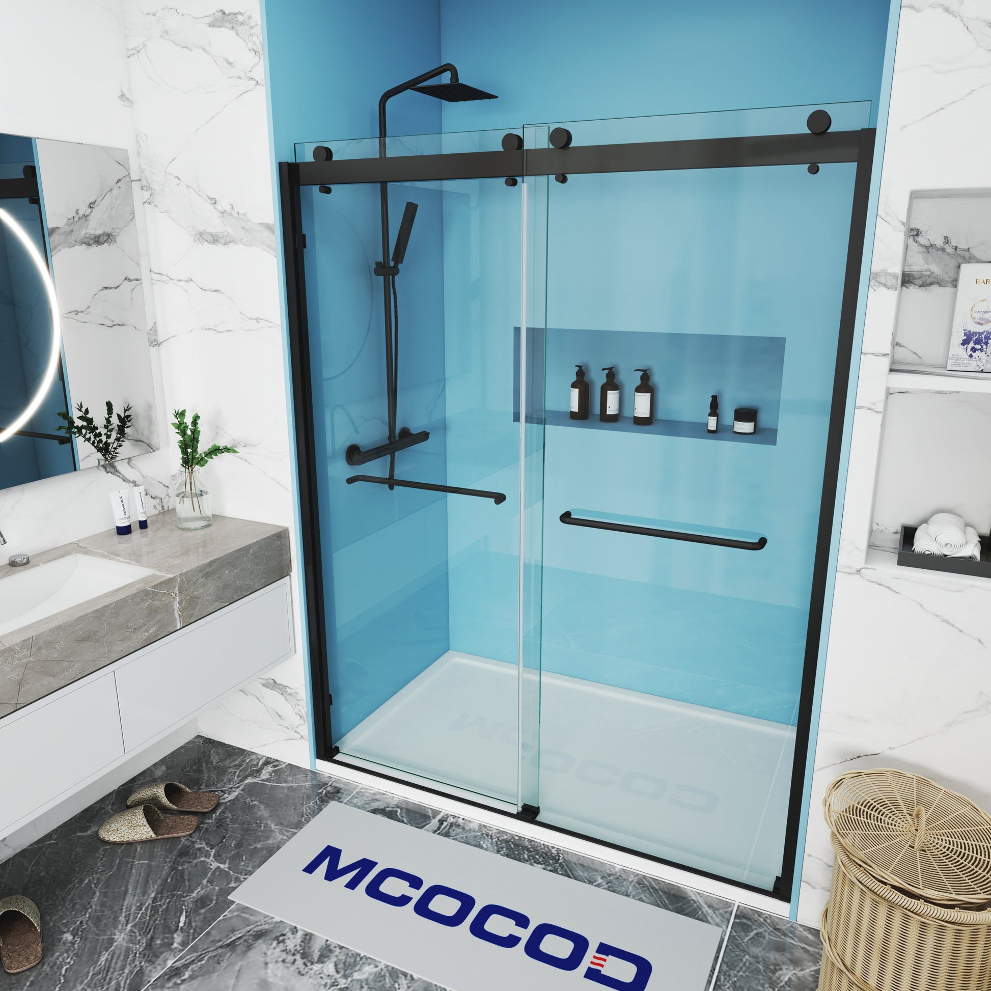 MCOCOD DS10 Double Sliding Semi-frameless Shower Door with Matte Black