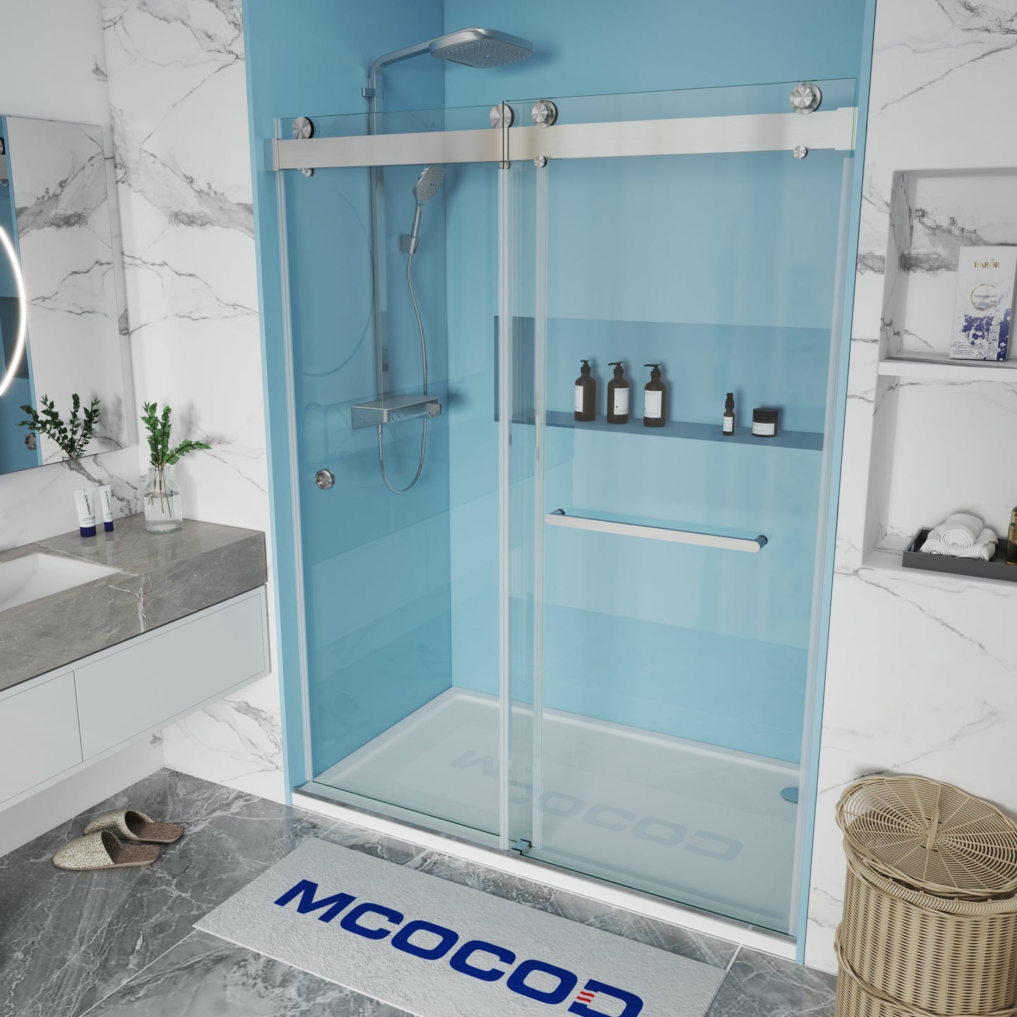 MCOCOD DS13H Soft-Closing Double Sliding Frameless Shower Door in One Finger Pull with Chrome