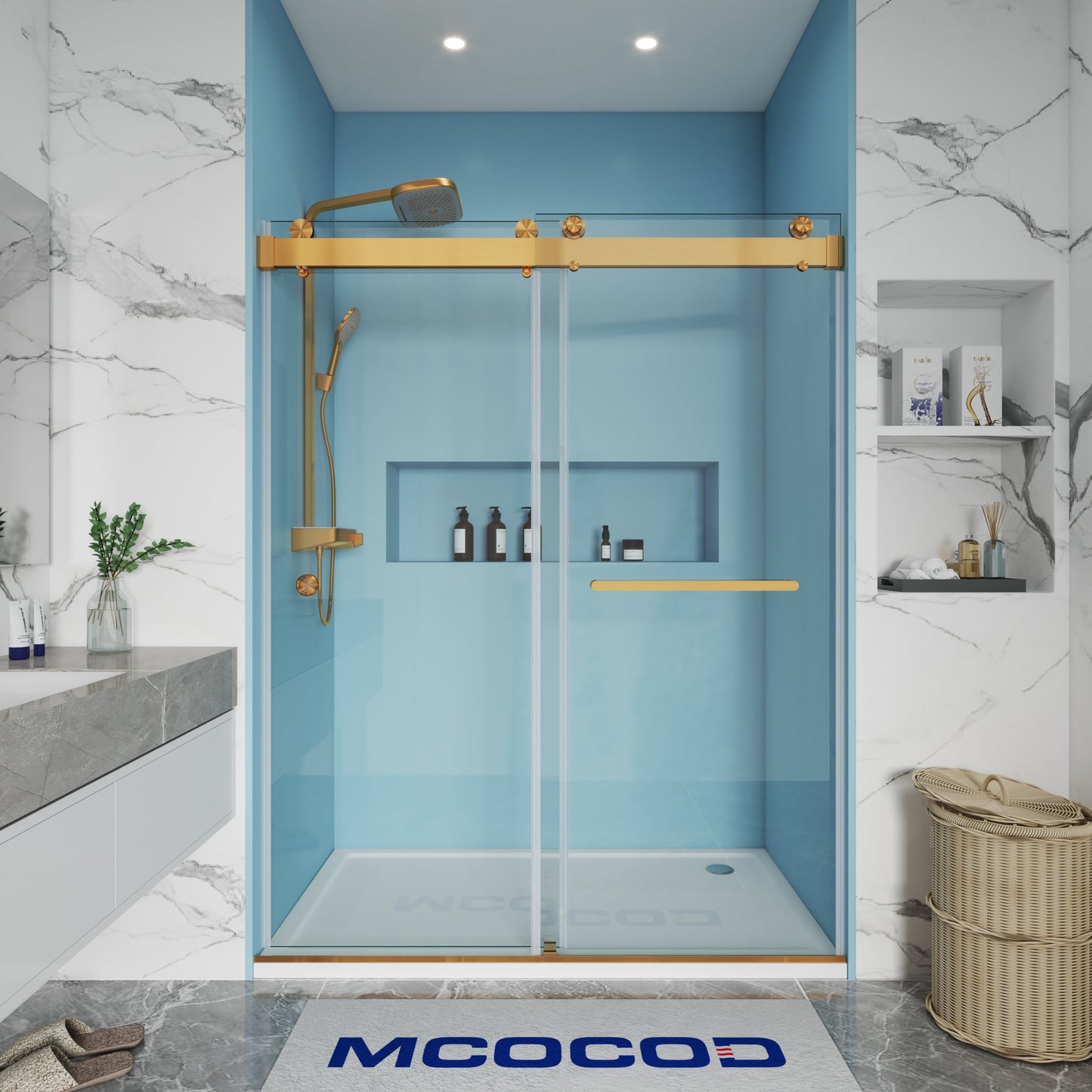 MCOCOD DS13H Soft-Closing Double Sliding Frameless Shower Door with One Finger Pull in Brushed Gold