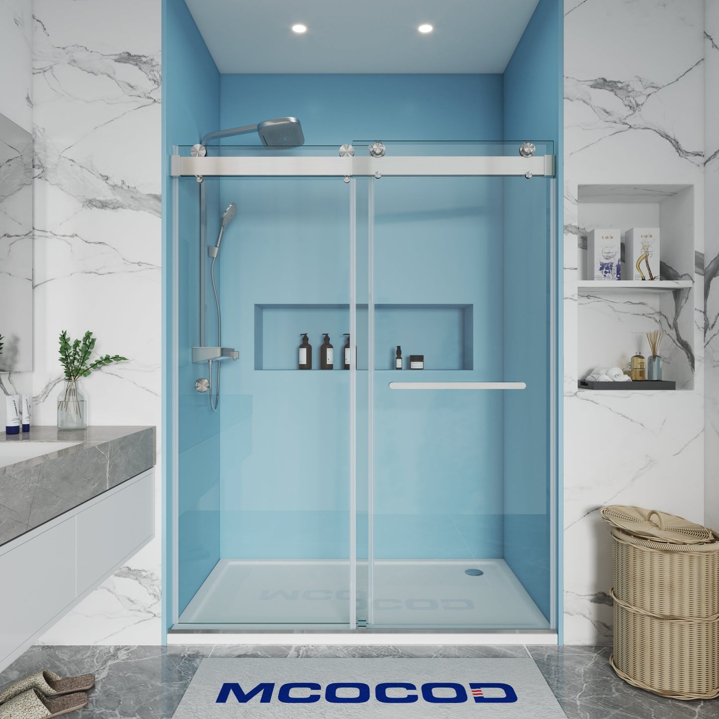 MCOCOD DS13H Soft-Closing Double Sliding Frameless Shower Door with One Finger Pull in Brushed_Nickel