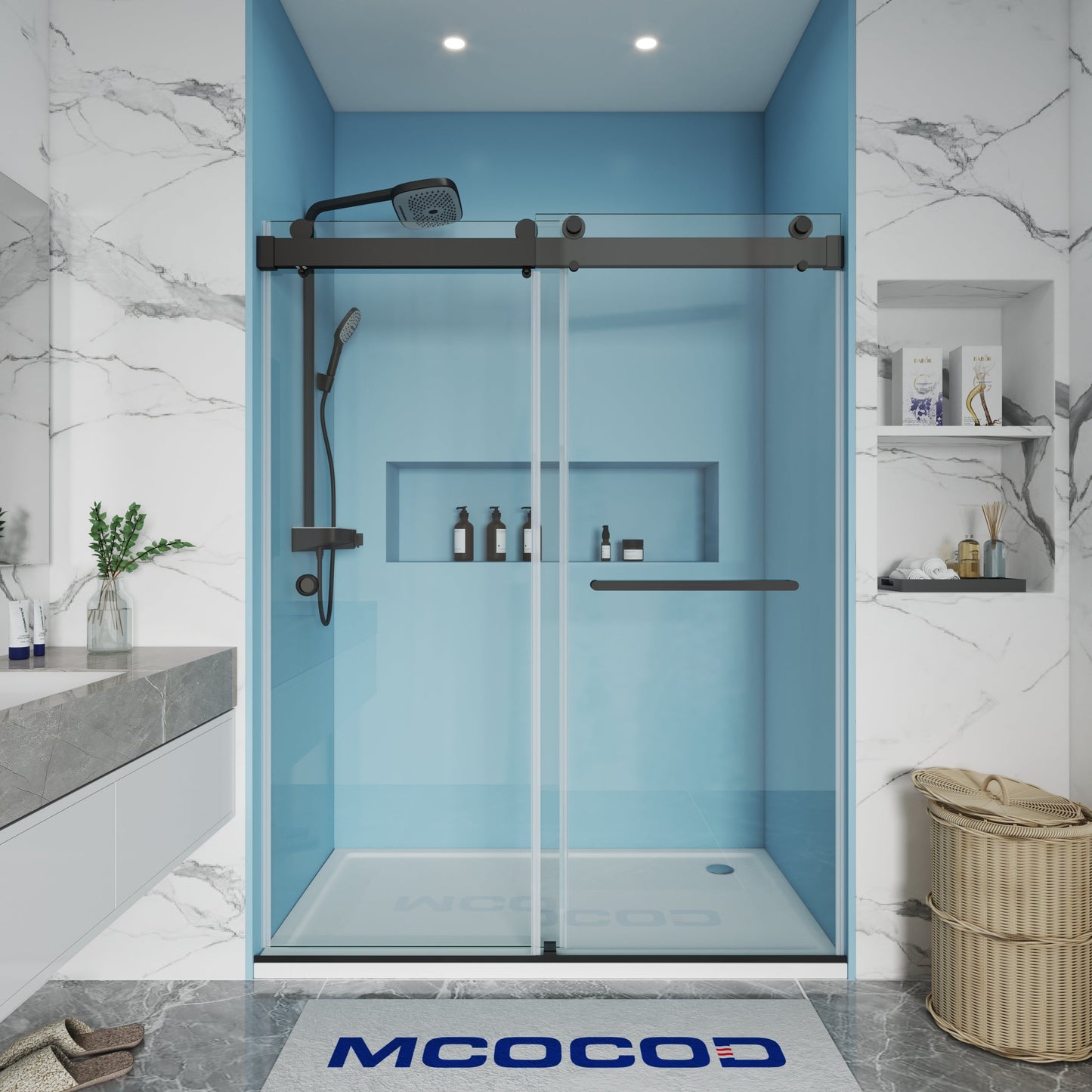 MCOCOD DS13H Soft-Closing Double Sliding Frameless Shower Door with One Finger Pull in Matte Black