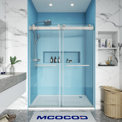 MCOCOD DS13 Soft-Closing Double Sliding Frameless Glass Shower Door in Two Towel Bars with Brushed Nickel