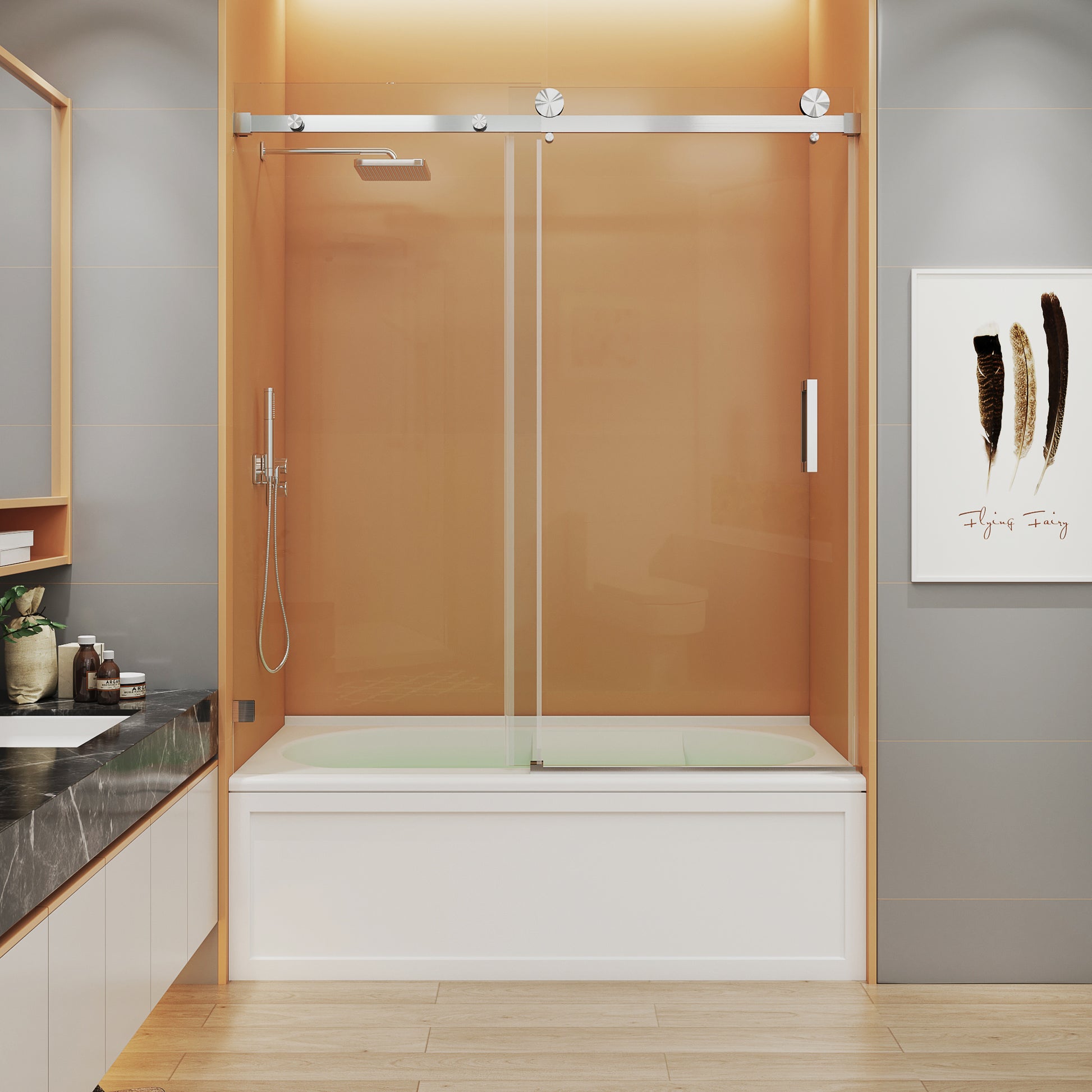MCOCOD SS05 Single Sliding Frameless Bathtub Shower Door with Brushed Nickel