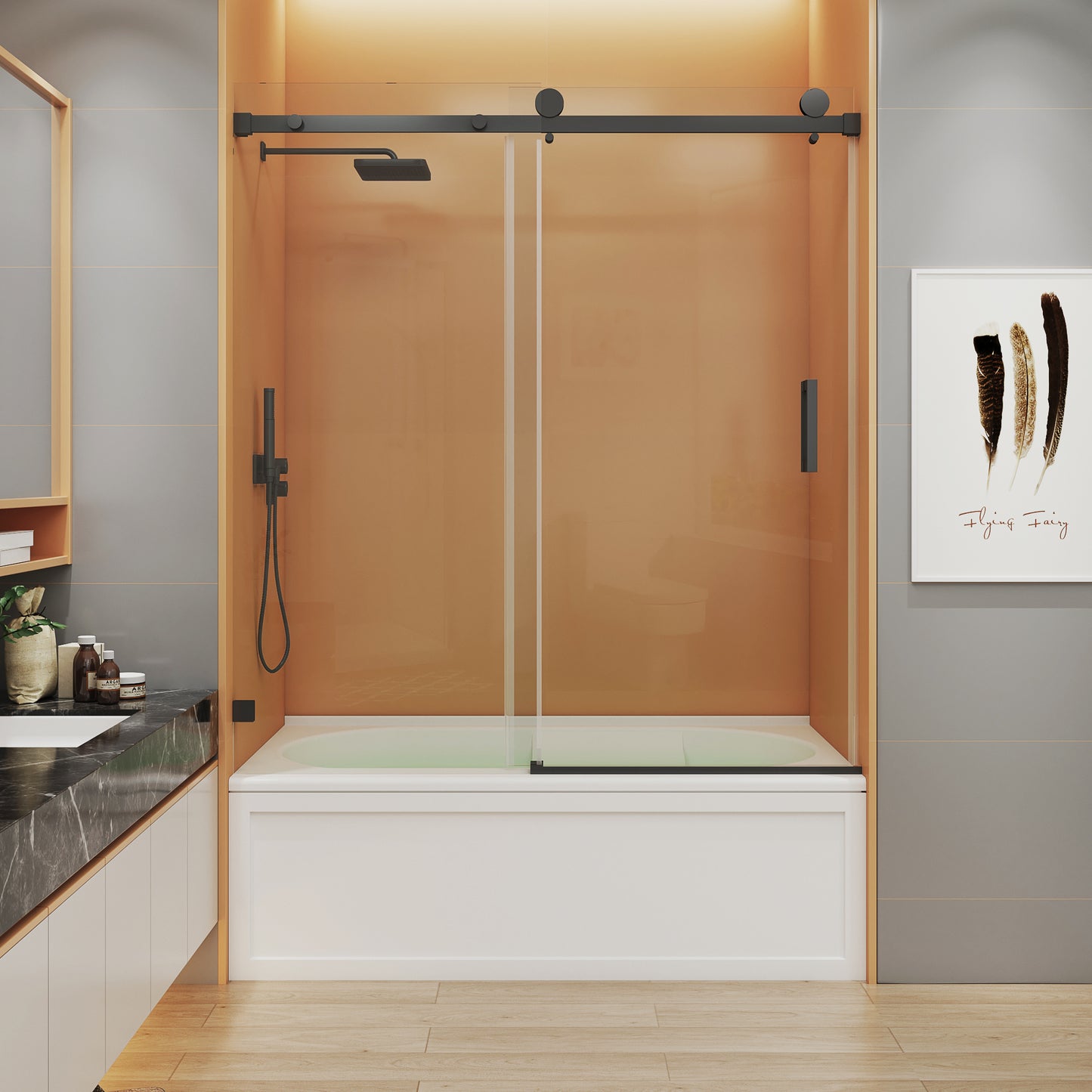 MCOCOD SS05 Single Sliding Frameless Bathtub Shower Door with Matte Black