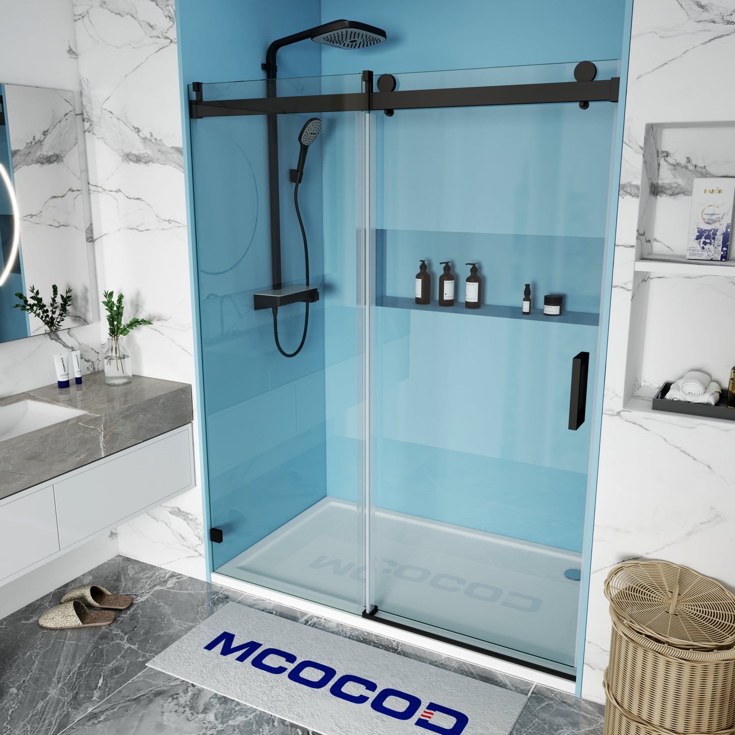 MCOCOD SS08 Soft-Closing Single Sliding Frameless Shower Door with Matte Black