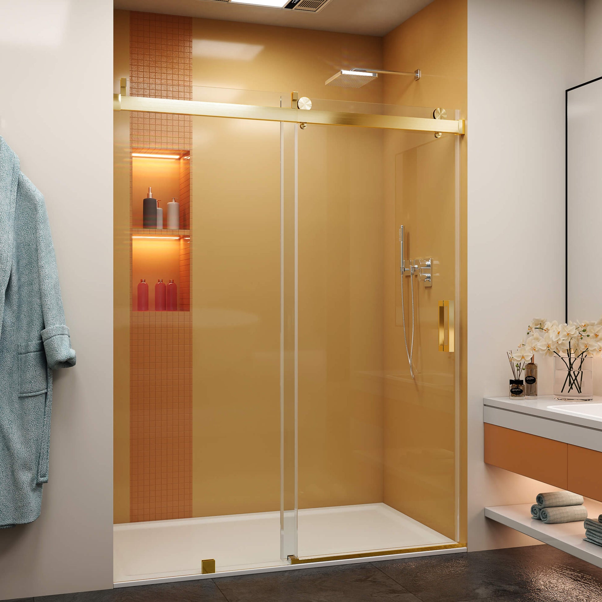 MCOCOD SS08 Soft-Closing Single Sliding Frameless Shower Door with Brushed Gold 