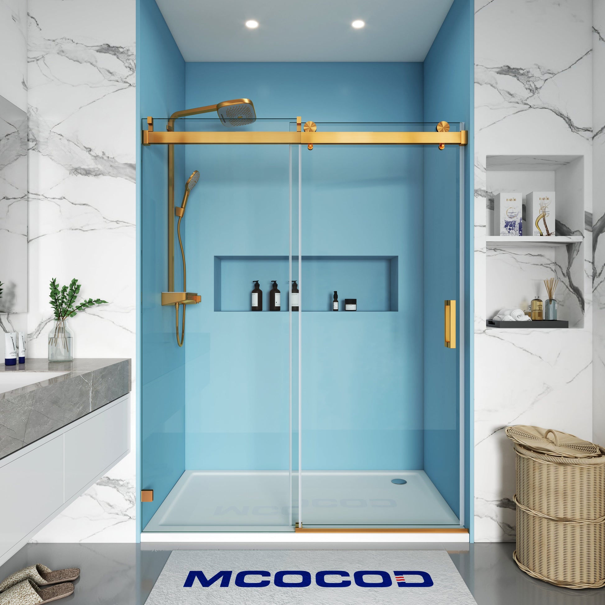 MCOCOD SS08 Soft-Closing Single Sliding Frameless Shower Door with Brushed Gold