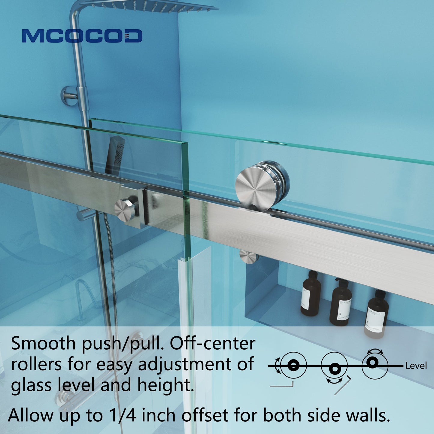 MCOCOD SS13S Bathtub Shower Doors - 60"W × 66"H Single Sliding Semi Frameless Bathtub Shower Door with Stainless Steel Rollers and Smooth Push Pull