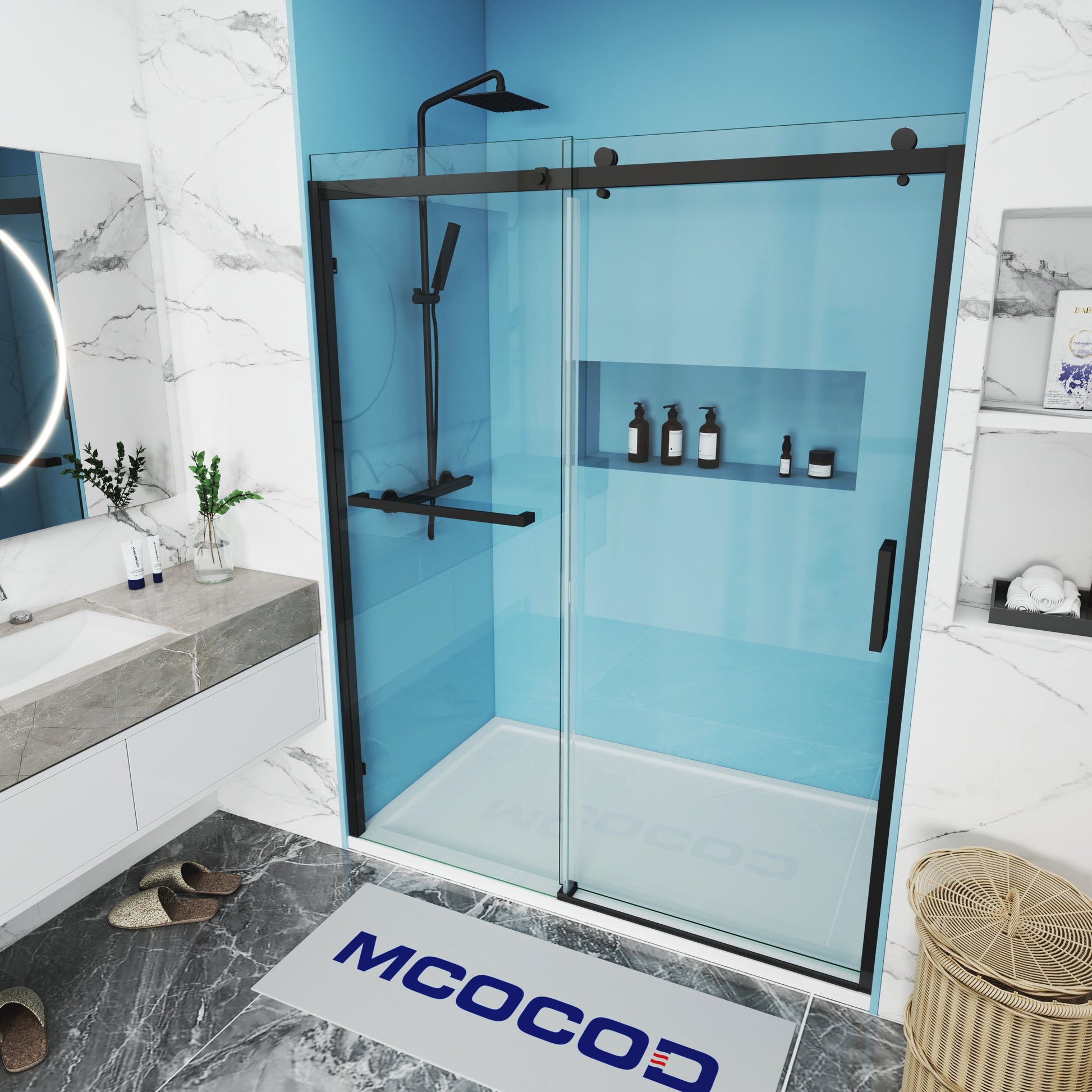 MCOCOD SS13S Single Sliding Semi-Frameless Shower Door in Matte Black