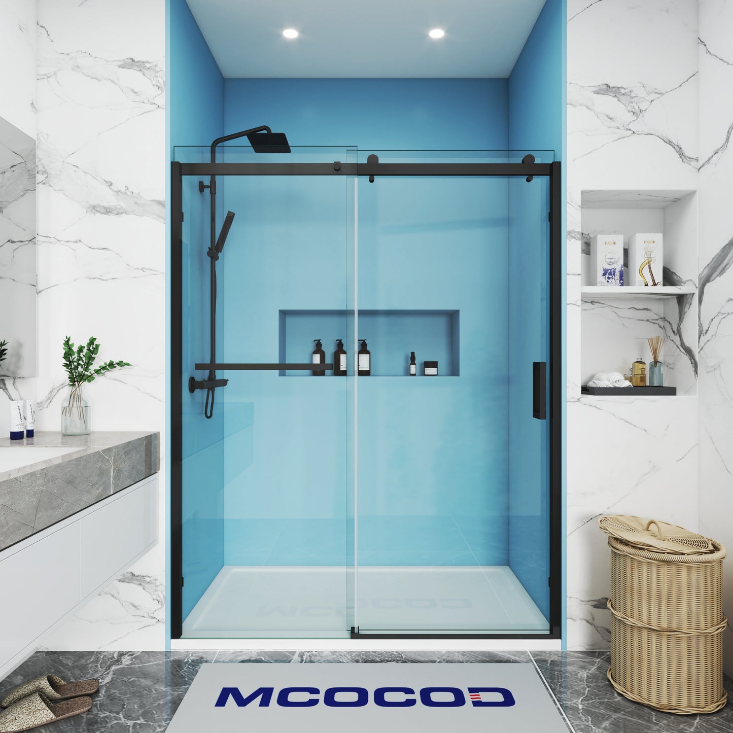 MCOCOD SS13S Single Sliding Semi Frameless Shower Door in Matte Black