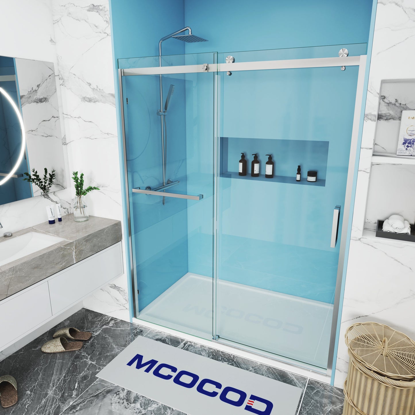 MCOCOD SS13S Single Sliding Semi Frameless Shower Door with Brushed Nickel