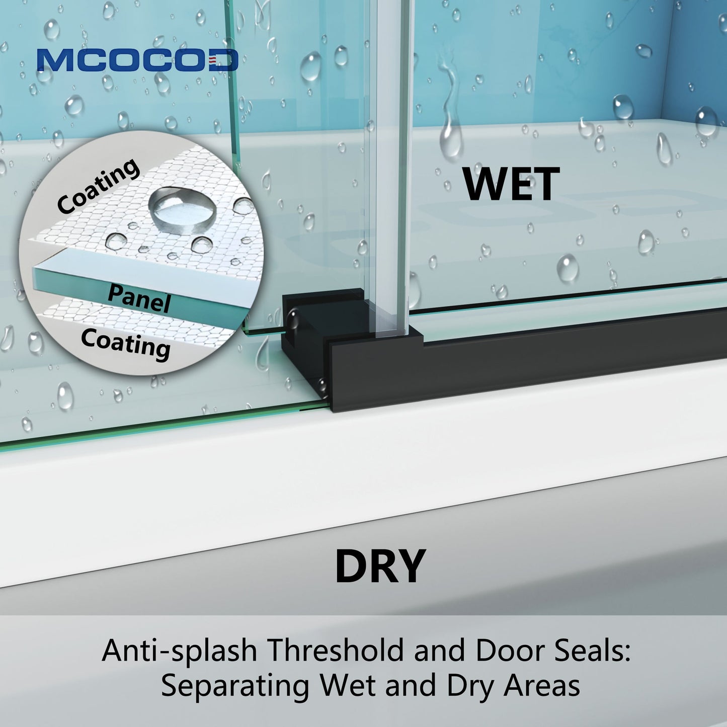MCOCOD SS13 Soft-Closing Frameless Single Sliding Shower Door with Anti-splash Threshold and Door Seals