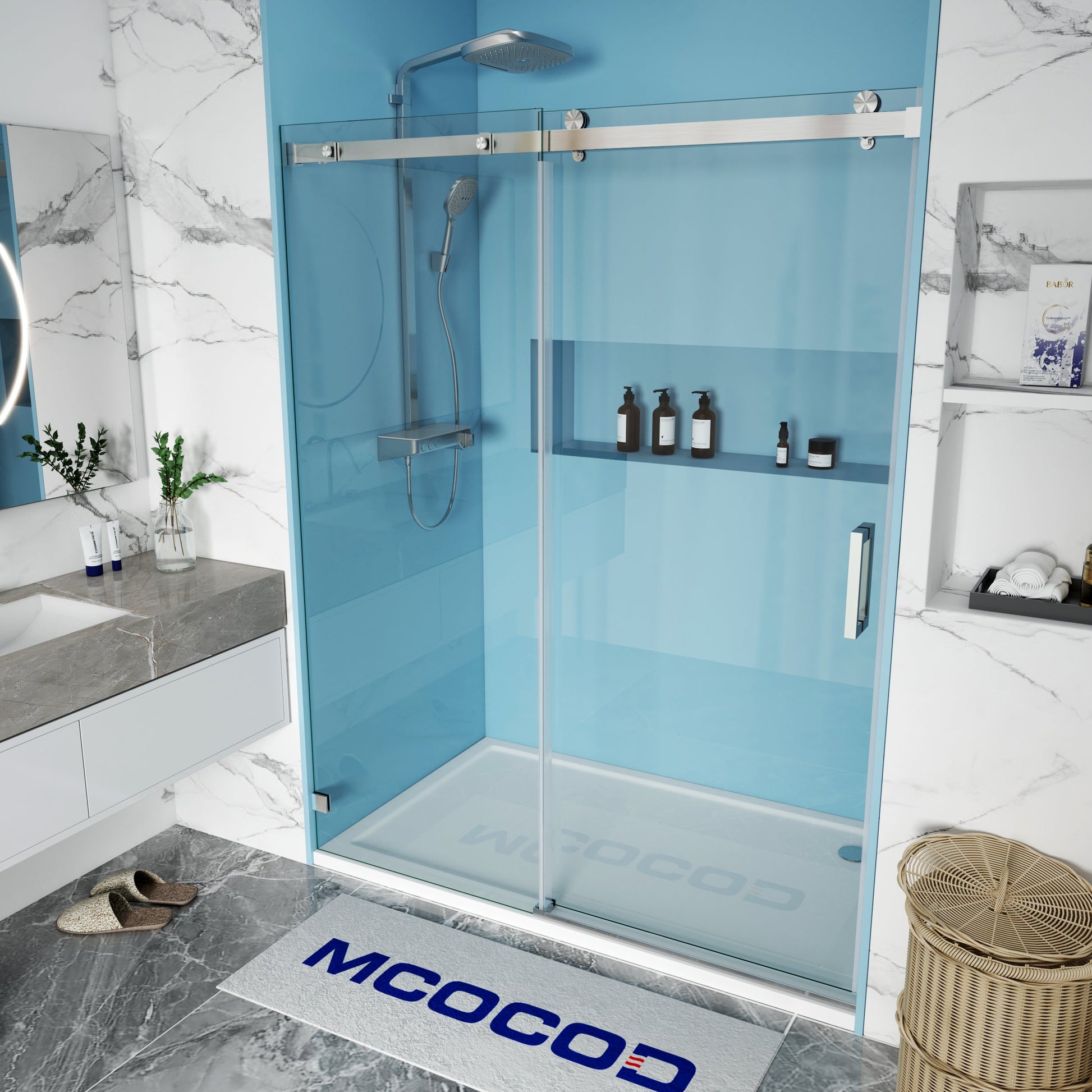 MCOCOD SS13 Soft-Closing Frameless Single Sliding Shower Door with Brushed Nickel