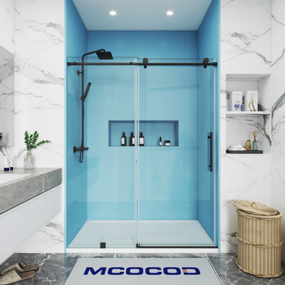 MCOCOD SS14 Soft-Closing Single Sliding Frameless Shower Door with Round Guide Rail in Matte Black