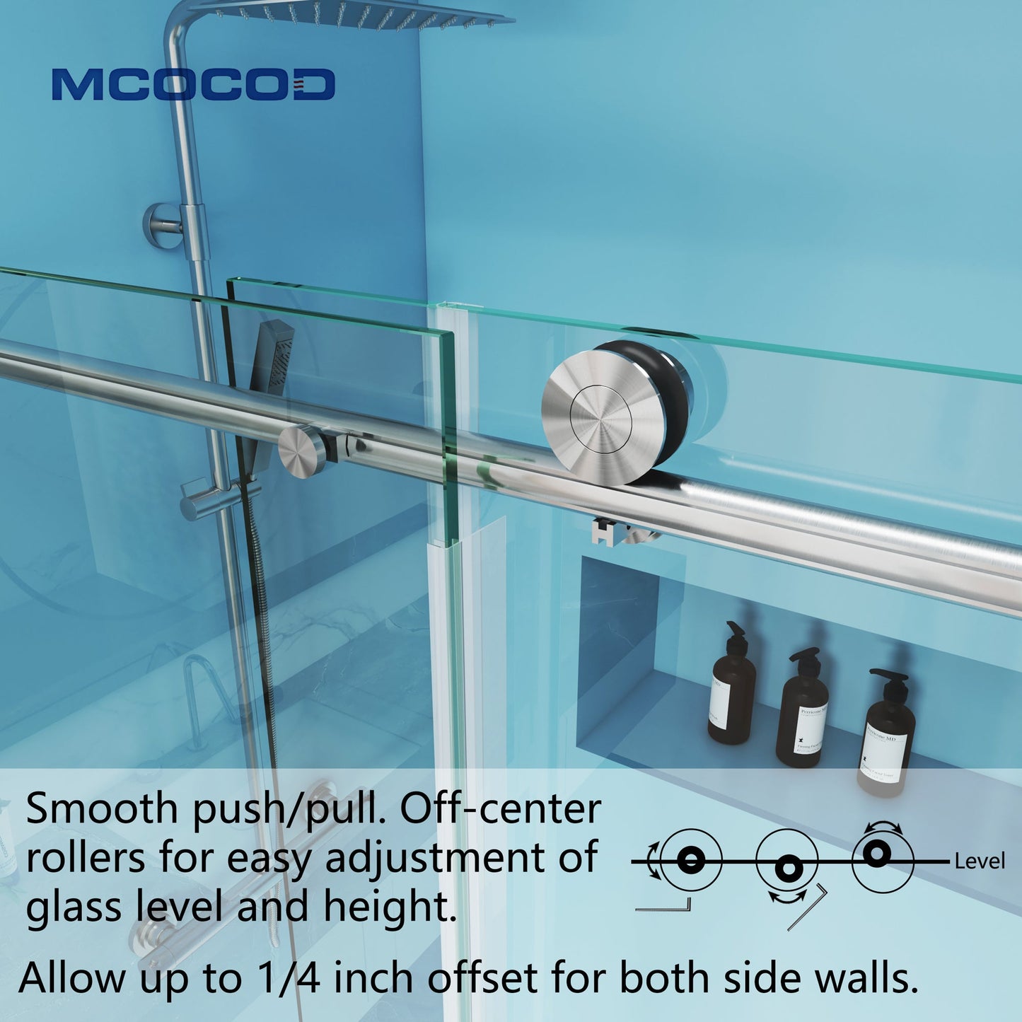 MCOCOD SS14 Soft-Closing Single Sliding Frameless Shower Door with Stainless Steel Smooth Push Pull