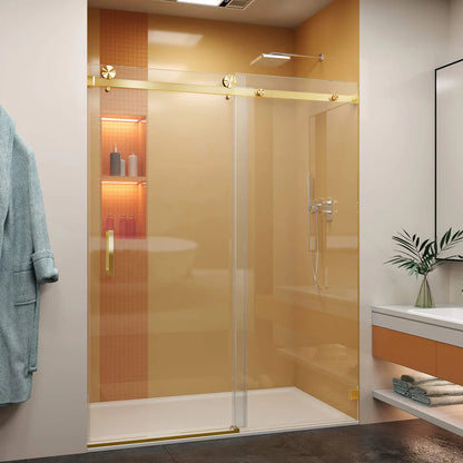 MCOCOD Single Sliding Frameless Glass Shower Door in Brushed Gold