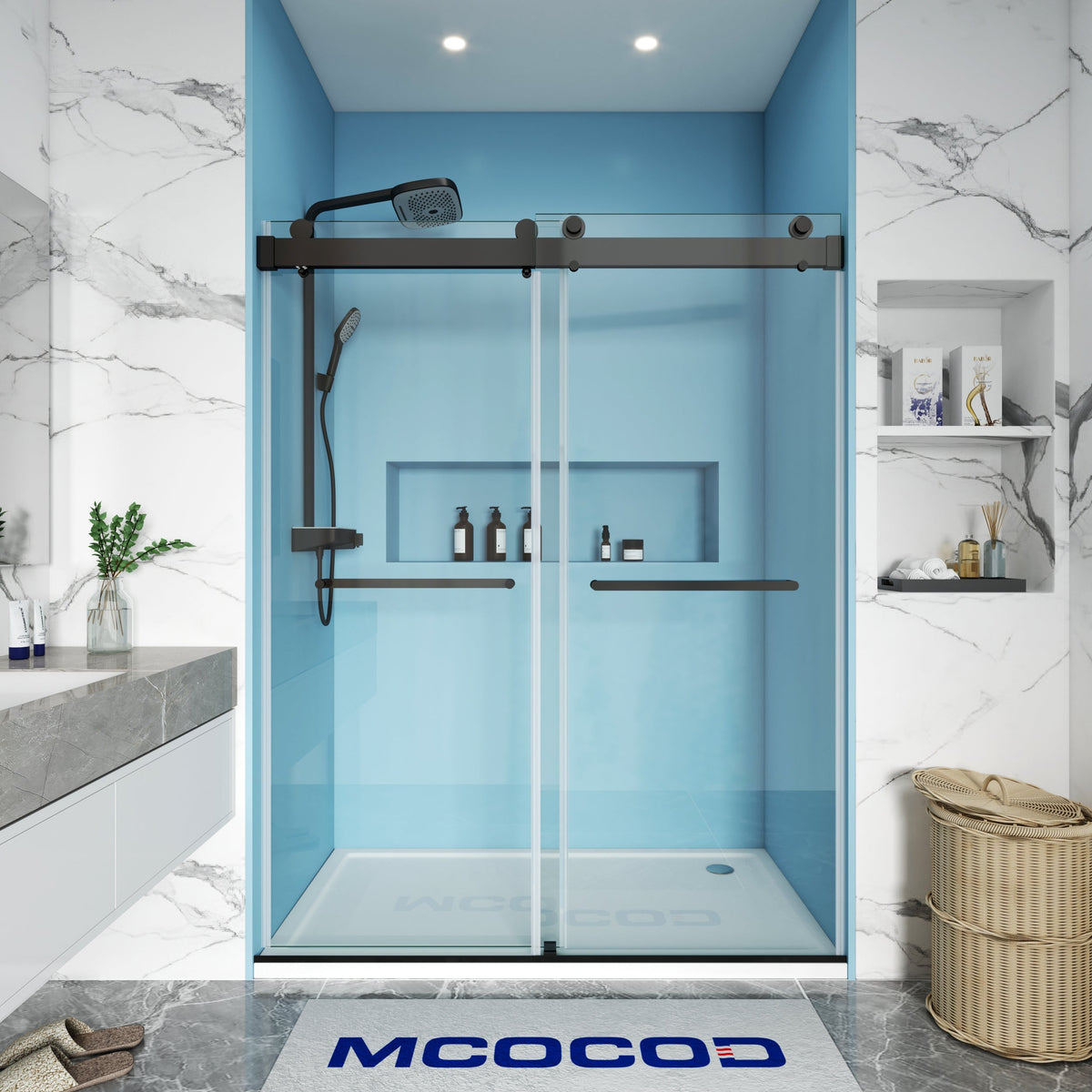 MCOCOD DS13 Soft-Closing Double Sliding Frameless Glass Shower Door in Two Towel Bars with Matte Black