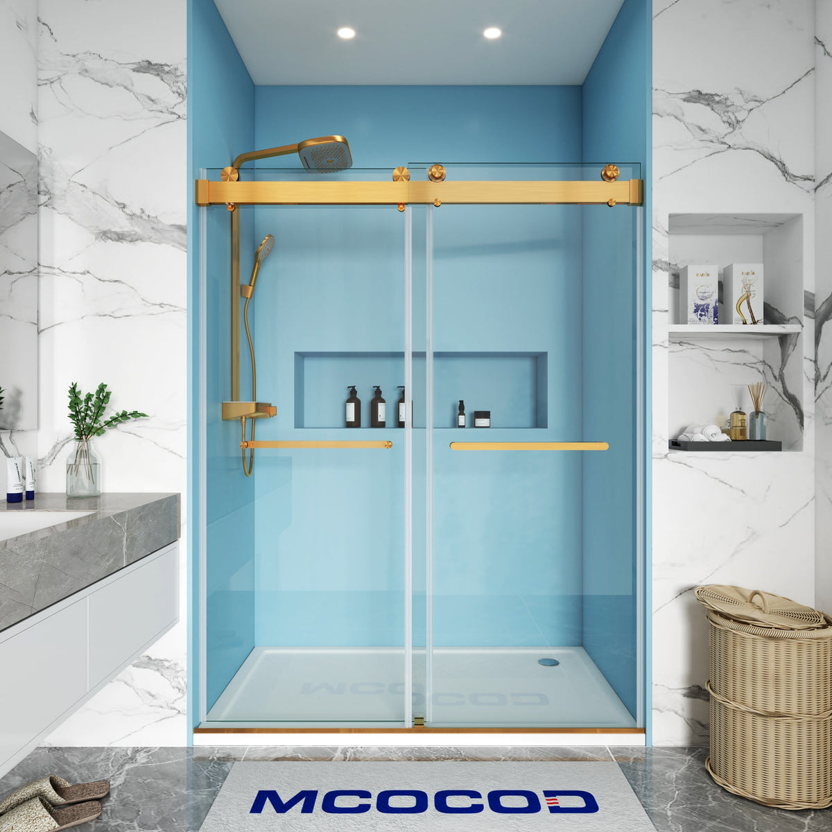 MCOCOD DS13 Soft-Closing Double Sliding Frameless Glass Shower Door in Two Towel Bars with Brushed Gold