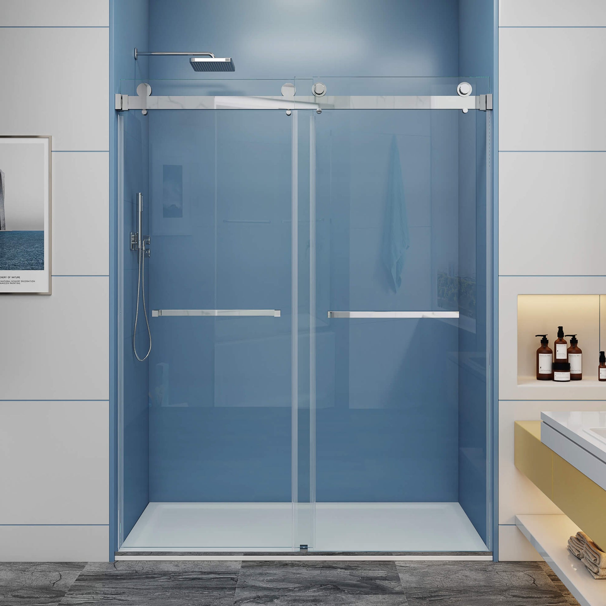 MCOCOD DS01 Double Sliding Frameless Glass Shower Door in Chrome