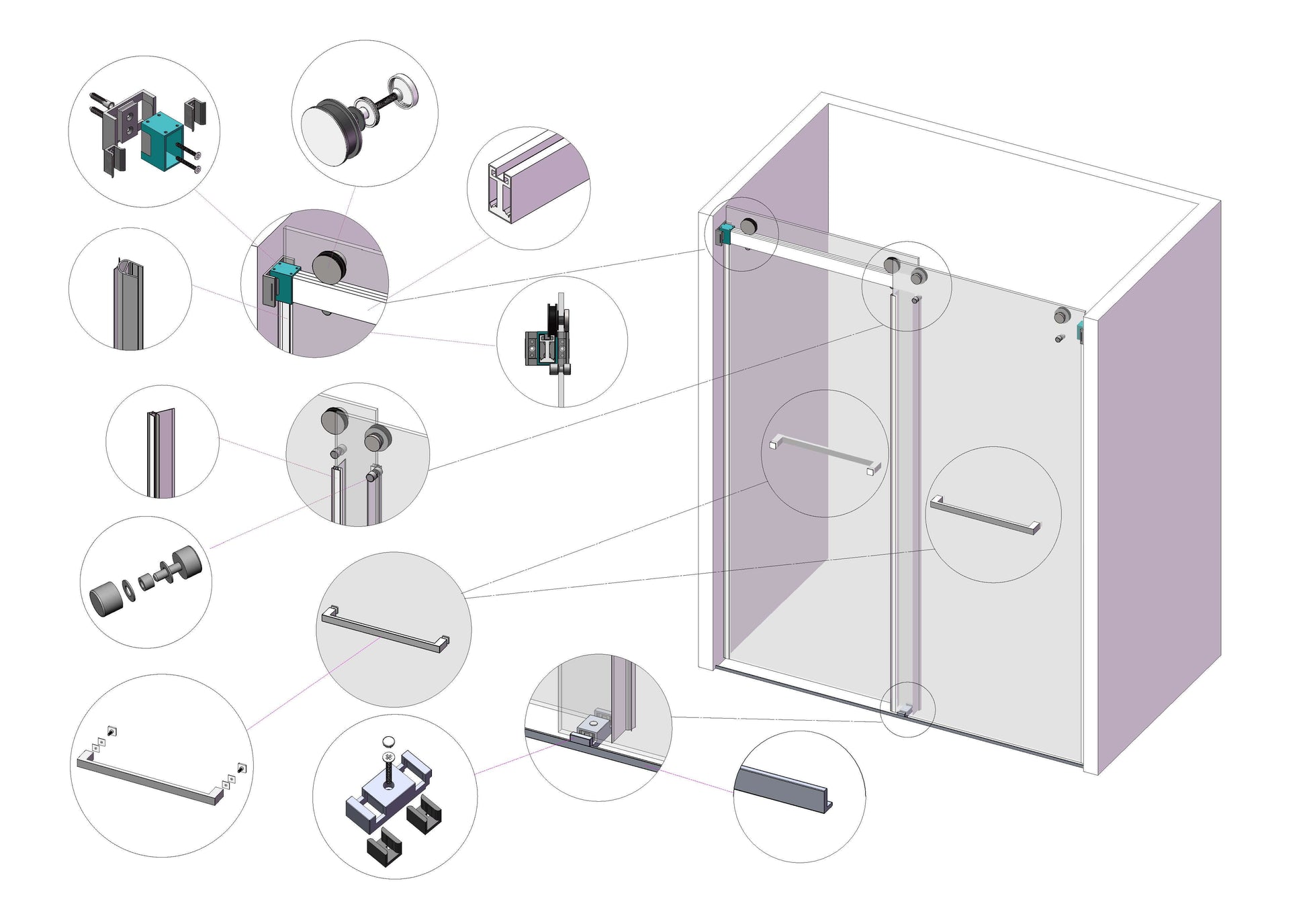 MCOCOD DS01 Double Sliding Frameless Glass Shower Door - Complete Set of Hardware Accessories