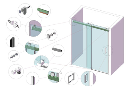 MCOCOD SS08 Soft-Closing Single Sliding Frameless Shower Door - Complete Set of Hardware Accessories